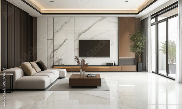 Obraz a living room with a tv on the wall and a couch with a tv on it