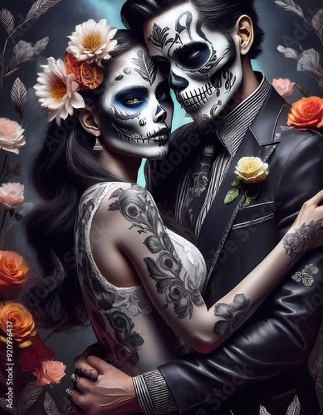 Obraz Halloween Gothic couple portrait skeleton, La Katrina with flowers and tattoo
