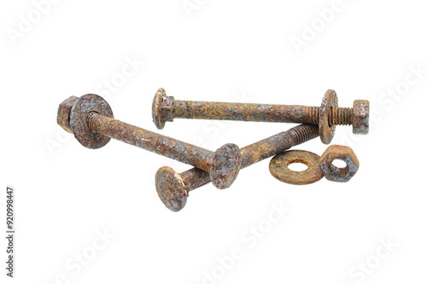 Fototapeta three old bolt and nut is rusty  on white background closeup,isolated
