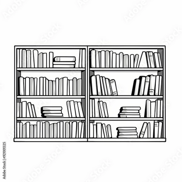 Fototapeta Black and white bookshelf with books on shelves.