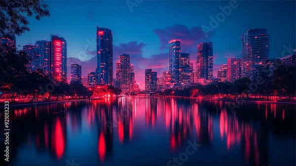Fototapeta Frankfurt am Main skyline at night with reflection in the river.