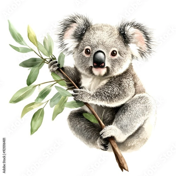 Obraz Playful Koala in Watercolor: A charming koala bear clings to a eucalyptus branch, its soft fur and gentle eyes brought to life in vibrant watercolor. 
