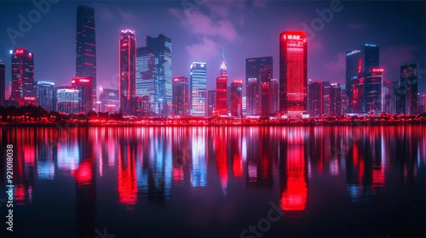 Fototapeta Frankfurt am Main skyline at night with reflection in the river.