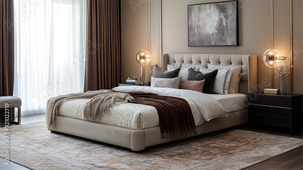 Fototapeta Double bed in modern bedroom interior design. 3d render illustration.