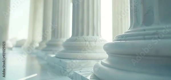 Fototapeta Closeup of white marble pillars in a grand building. Light streams through the columns, creating a sense of grandeur and history.