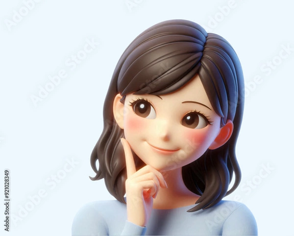 Fototapeta Japanese cartoon character, portrait of a young woman in 3D style design on light background. Human person feelings expression concept