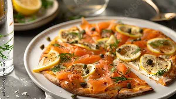Fototapeta a smoked salmon pizza with cream cheese, capers, and dill, served on a white plate with a glass of sparkling water and lemon slices