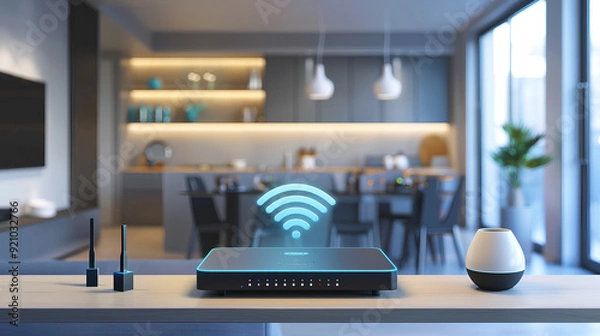 Fototapeta Wi-Fi router in the modern smart home above which 3D icon, blur effect in the backgraund