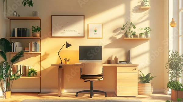 Fototapeta Workplace with computer, bookshelf and plant. 3D Rendering