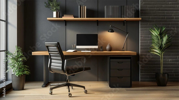 Fototapeta Workplace with computer, bookshelf and plant. 3D Rendering