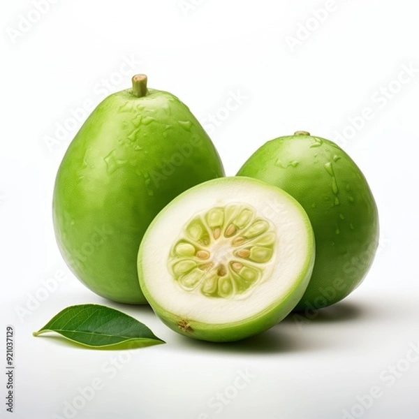 Fototapeta Close-up of two whole green chayote squash and one cut in half, revealing its white flesh and seeds, with a leaf below.