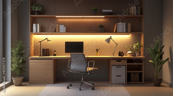 Fototapeta Workplace with computer, bookshelf and plant. 3D Rendering