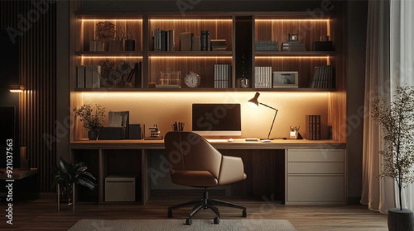 Fototapeta Workplace with computer, bookshelf and plant. 3D Rendering