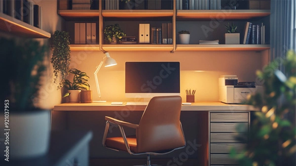 Fototapeta Workplace with computer, bookshelf and plant. 3D Rendering
