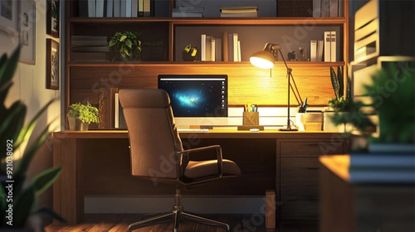 Fototapeta Workplace with computer, bookshelf and plant. 3D Rendering