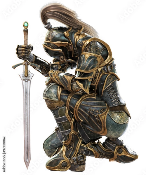 Fototapeta Female warrior knight kneeling wearing decorative regal metal armor with a transparent background. PNG transparent overlay . 3d rendering