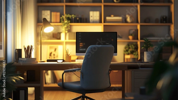 Fototapeta Workplace with computer, bookshelf and plant. 3D Rendering