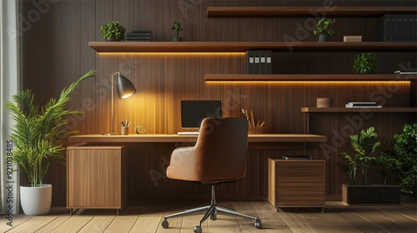 Fototapeta Workplace with computer, bookshelf and plant. 3D Rendering