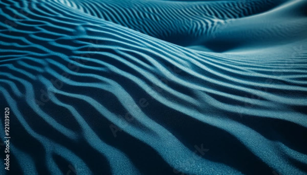 Fototapeta The image is of a blue ocean with a sandy beach. The water is calm and the sand is wet, creating a peaceful and serene atmosphere