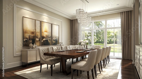 Fototapeta 3d rendering luxury dining room and living room in a classic style