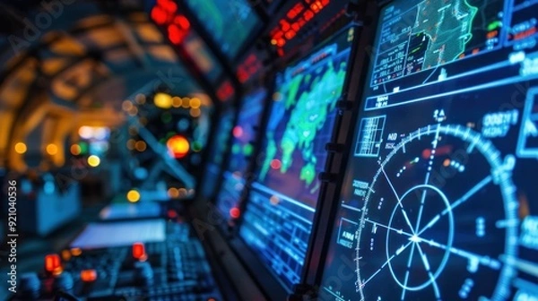 Fototapeta Missile Defense System - Control panel of the missile defense system with a radar display screen and digital maps. Officials are reviewing the information received from the sensors.