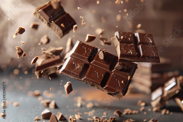 Fototapeta Exploding Chocolate Bar with Flying Pieces on a Wooden Background, Capturing Movement and Texture