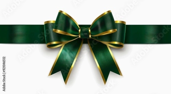 Obraz Dark green ribbon and bow with golden edges on a white background.