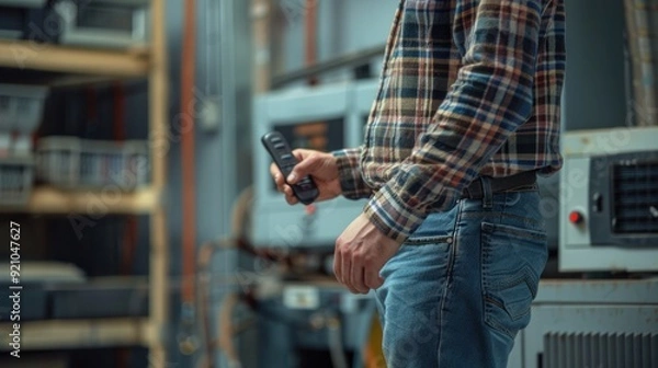 Fototapeta System Operation Test - An electrician wears a plaid shirt and jeans. While using the remote or control panel to test the operation of the newly installed air conditioning system.