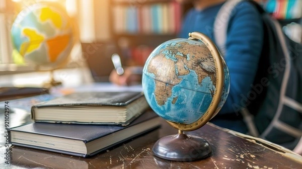 Fototapeta Global education, study abroad, international educational student academic program concept with world globe, textbook and black school teacher