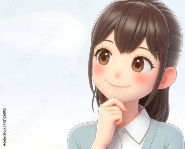 Fototapeta Japanese cartoon character, portrait of a young woman in 3D style design on light background. Human person feelings expression concept
