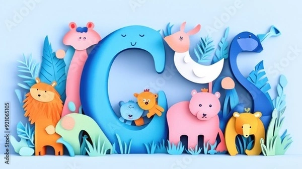 Fototapeta Letter C: Paper cut style illustration, colorful 3D whimsical, text "C" made of cute animals