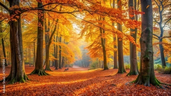 Fototapeta Autumn leaves and trees in a peaceful forest setting , Fall, foliage, woodland, seasonal, nature, tranquil, colorful