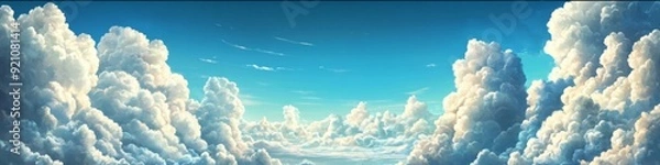 Obraz White fluffy clouds on blue sky in cartoon style. Abstract cloud background