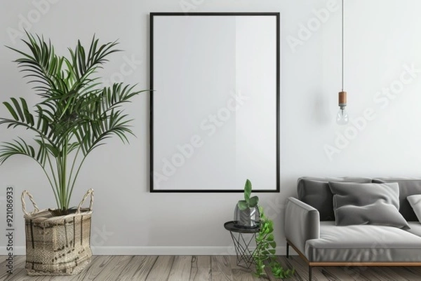 Fototapeta A wooden picture frame is positioned on a table adjacent to a lush potted plant, enhancing the room's decoration, AI generated
