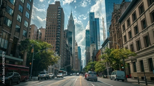Fototapeta A city road with a mix of modern skyscrapers and historic buildings, illustrating the architectural diversity of the city.