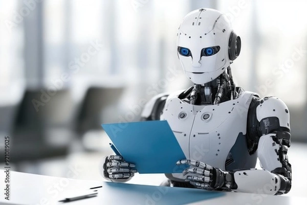 Fototapeta Office Robot Taking Notes with Blue Paper in Modern Setting