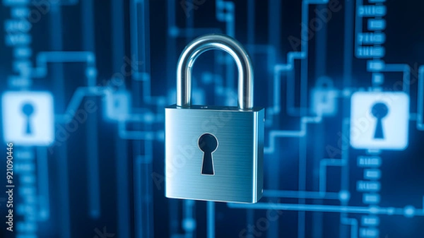 Fototapeta 2d illustration Safety concept: Closed Padlock on digital background. Generative AI