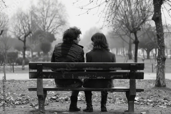 Fototapeta In a foggy park, a couple enjoys each other's company while sitting on a bench, enveloped by a tranquil, misty environment. AI generated