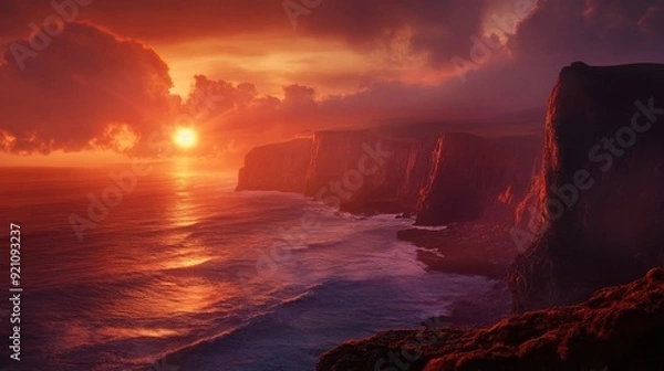 Obraz Sunset Over Rugged Cliffs and Ocean Waves