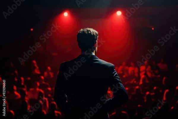 Fototapeta A speaker in a suit addresses an attentive audience from a stage, illuminated by dramatic red lighting in a darkened venue.