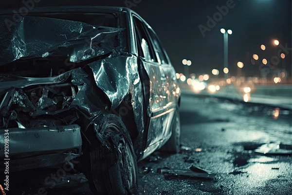 Fototapeta Wrecked Car on a Wet Road at Night with Streetlights in the Background