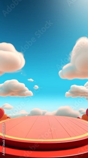 Fototapeta Red podium platform with golden trim in front of blue sky with fluffy white clouds.