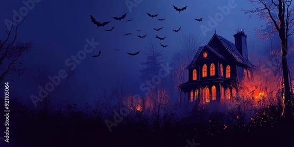 Obraz Halloween night with a spooky house and bat