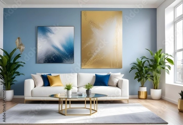 Obraz silver glitter effect wall in a modern living room White and gold theme interior modern minimalism photo realism neww Style 3d Paints Doodle Illustration