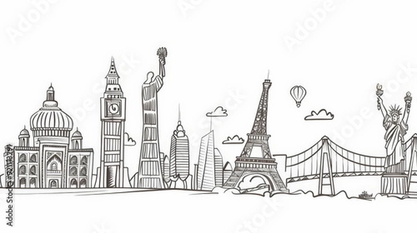 Fototapeta line drawing of famous world landmarks