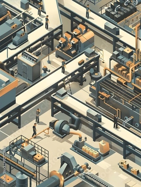 Fototapeta Isometric of an Efficient Production Line with Technical Precision and Muted Earthy Tones