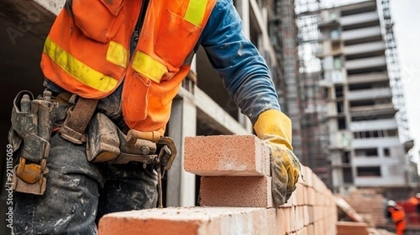 Obraz Construction Worker Laying Bricks