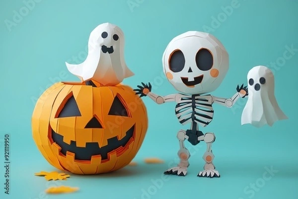 Fototapeta Stylish Paper Art Dancing Skeleton with Pumpkin and Ghost