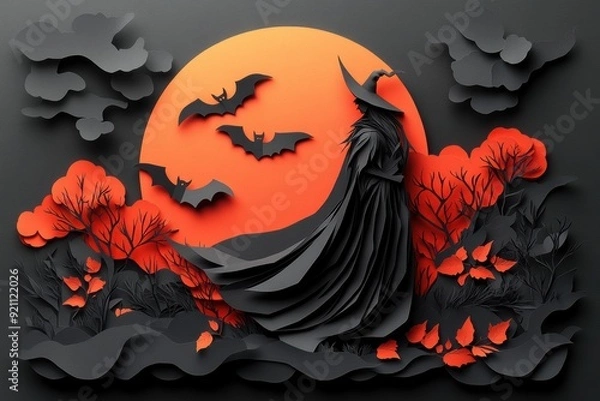 Obraz Modern Paper Art Vampire with Bat and Halloween Border Design