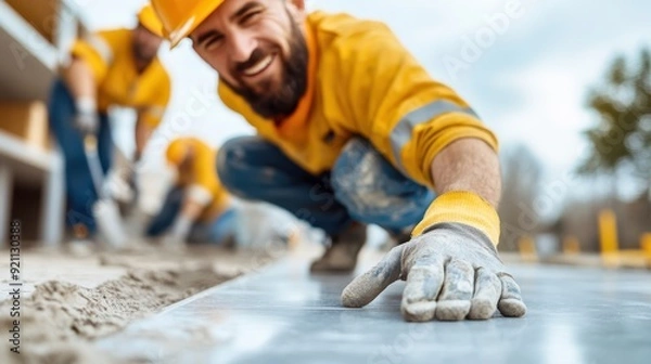 Obraz A smiling construction worker, dressed in a yellow uniform, kneels down to smooth a surface at a construction site, with colleagues working behind him, creating a focused work atmosphere.